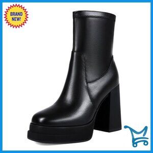 Platform Ankle Boots Chunky Heel Square Toe Stretchy Combat Booties